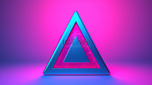 警告图像双色调风格蓝色感叹号，粉红色背景 3d 渲染上带有三角形