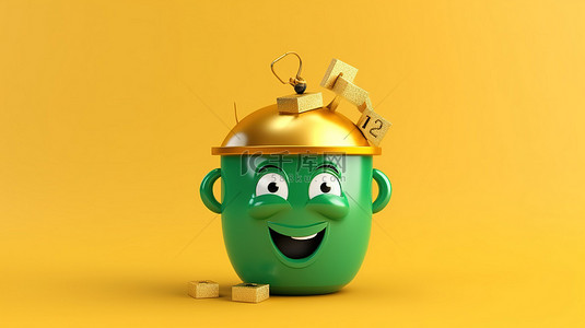 钟背景图片_黄色背景上绿色回收标志吉祥物的 3D 渲染，手持老式金色校钟
