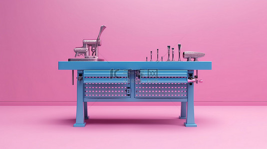 蓝色背景 3D 渲染图像上的双色调粉红色金属工作台