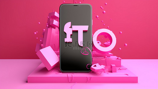 卡通立牌样机背景图片_tiktok 标志在 3d 智能手机屏幕上以粉红色为背景