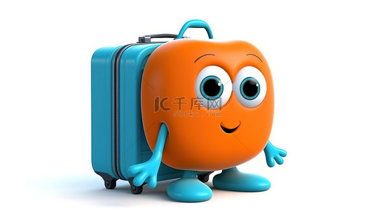 白色背景上挥舞蓝色书吉祥物的橙色手提箱的 3D 渲染