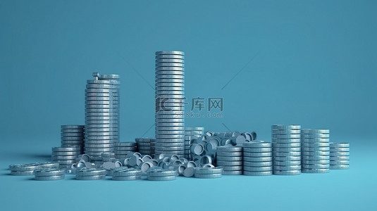 横幅展示蓝色背景隔离 3D 渲染工厂的成堆硬币