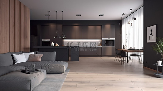 3d 渲染中的现代生活和厨房空间