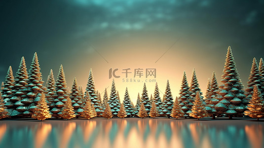 节日背景下圣诞树的 3D 渲染非常适合新年和圣诞贺卡