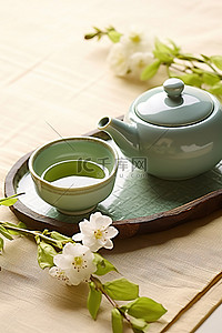 亚洲杯背景图片_三杯亚洲绿茶和一杯