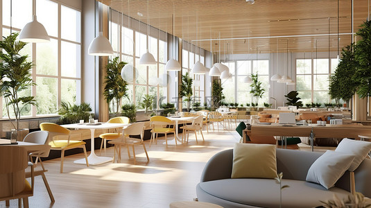 咖啡厅休息区现代休闲共同工作空间的 3D 渲染