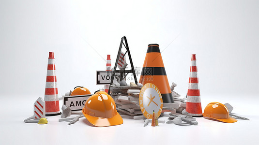 施工工地背景背景图片_白色背景 3d 渲染以建筑主题中的路障标志头盔和锥体为特色