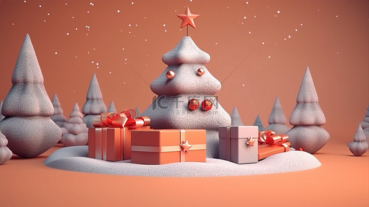 装饰元素卡通背景图片_卡通风格的礼品盒 3D 渲染揭开了节日圣诞树和背景上的装饰元素