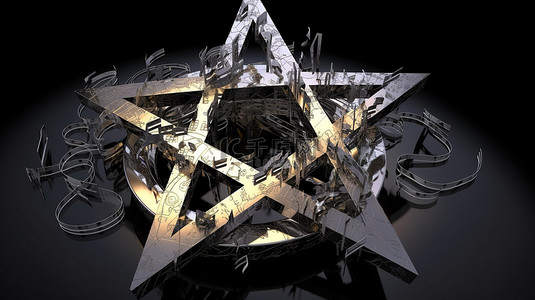 金色五角星3d背景图片_在 3D 再现中装饰着闪闪发光的音符的五角星