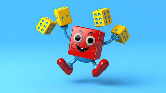 教育游戏背景图片_蓝书人物吉祥物的 3D 渲染，在充满活力的黄色背景上与红色游戏骰子一起飞行