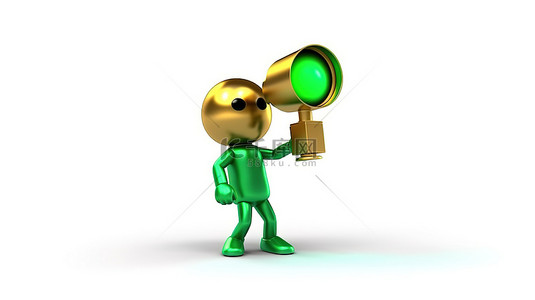 白色背景的 3D 渲染，带有金色奖杯吉祥物人物角色，手持交通绿灯，被授予获胜者