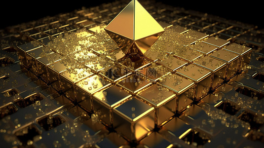 黄金以太坊符号周围金属立方体的 3D 插图