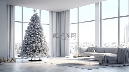 现代明亮的公寓客厅装饰着圣诞树 3D 渲染插图由计算机