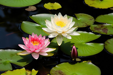 荷叶莲花背景图片_池塘里的白莲花和浅粉色莲花