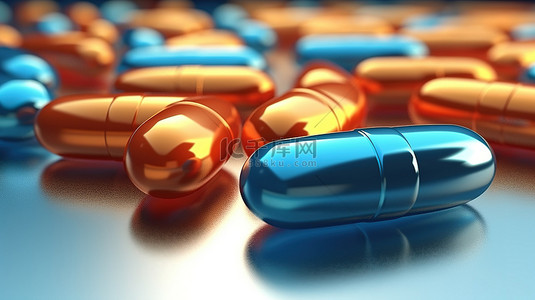 蓝色和橙色 3D 渲染的抗菌和治疗健康胶囊