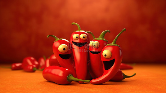 红辣椒卡通背景图片_红色背景下卡通红辣椒的充满活力的 3D 渲染