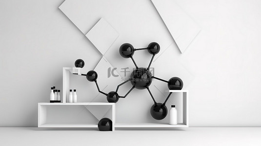 医学讲台背景图片_白墙上显示分子的化妆品支架 3D 渲染