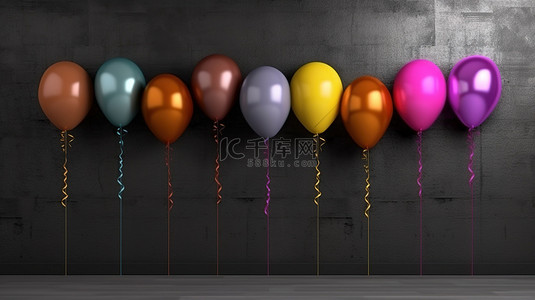 节日背景墙背景图片_充满活力的一堆气球靠在光滑的黑色墙壁上，以 3D 渲染
