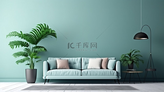 家居背景蓝色背景图片_时尚的起居空间，配有舒适的沙发和蓝色墙壁背景 3d 渲染的郁郁葱葱的绿色植物