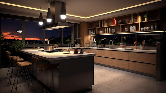 现代厨房设计与夜间照明 3D 渲染