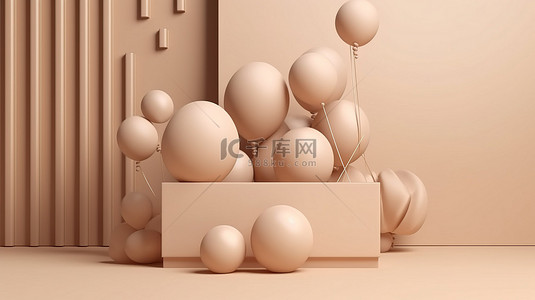 气球广告背景图片_米色豪华气球的 3d 渲染，带有用于商业广告设计卡通插图的讲台展示