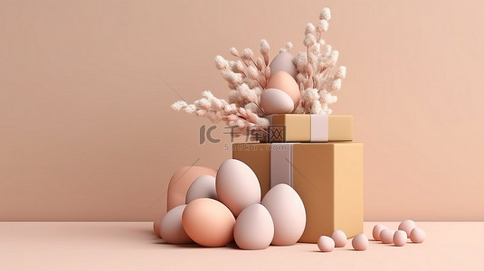 用充满活力的背景逼真的装饰3D 礼品盒和丰富的鸡蛋来庆祝复活节