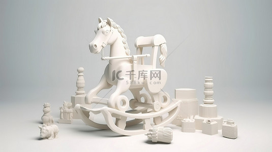 有趣的 3d 渲染摇马玩具和毛绒玩具在白色背景下带有复制空间