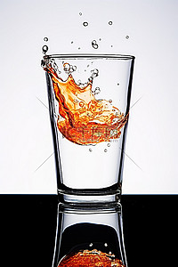 飞溅水背景图片_一个装满水的玻璃杯，上面有小橙色飞溅