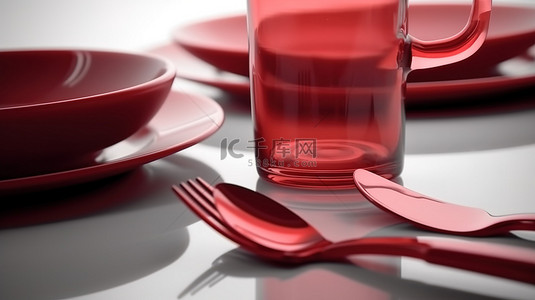 早餐桌面背景图片_单色 3d 图标集，由纯红色的白色背景上的盘叉勺和玻璃组成