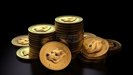 黑色背景上闪亮的 dogecoin doge 硬币堆是一种数字货币，用于由 3D 渲染中呈现的令牌交换促进的金融交易
