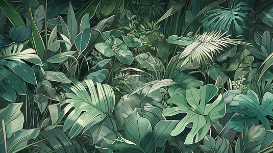 春夏森林背景图片_3d 插图中热带树叶的自然背景