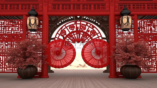 以门灯笼和扇子为特色的中国新年主题的 3D 渲染