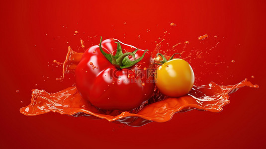 充满活力的红色背景上的番茄盛宴 3D 渲染果汁酱番茄酱和酱汁的插图