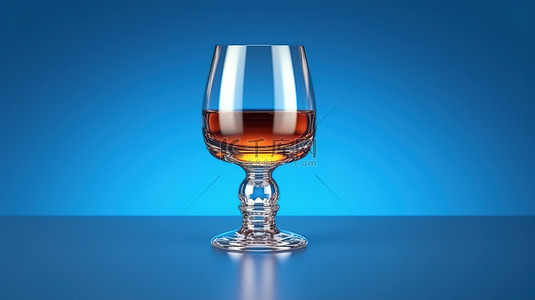 蓝色背景上的干邑威士忌玻璃高脚杯的真实 3D 插图