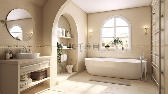 住宅中时尚别致的浴室配有窗户，令人惊叹的奶油色和浅灰褐色瓷砖 3D 设计