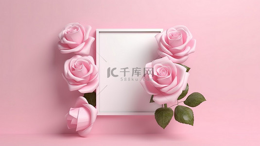 情人节概念粉红玫瑰在空白框 3d 渲染中