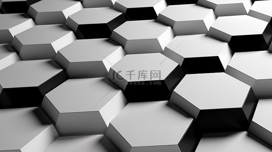 白色几何无缝模式背景图片_黑墙与 3D 渲染中的白色几何六边形抽象背景形成鲜明对比