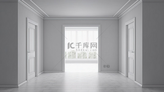 3D 渲染一个宽敞的房间，有一扇敞开的白色门