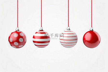 透明背景上红绳上挂着 6 个红色和白色圣诞球