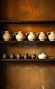 陶器背景图片_一个棕色的架子，旁边有一些陶器
