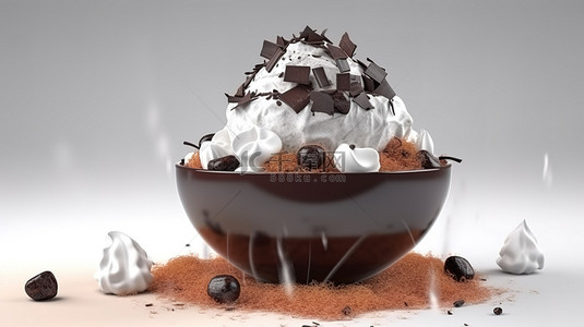 白色顶部巧克力 bingsu 在 3d 渲染中隔离在白色背景与卡通风格