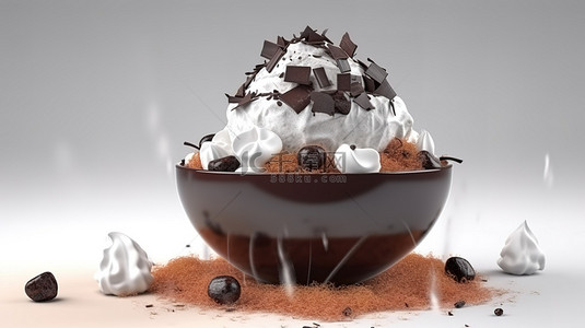 卡通牛奶背景图片_白色顶部巧克力 bingsu 在 3d 渲染中隔离在白色背景与卡通风格