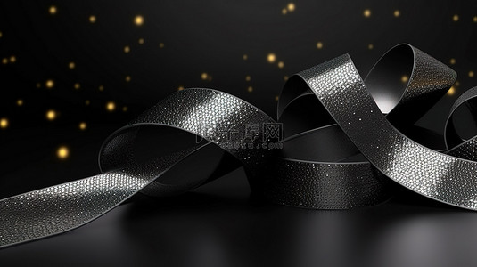 黑色背景 3d 渲染上闪闪发光的金属丝带