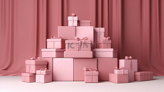 3D 渲染的讲台插图，带有粉红色购物盒和堆叠纸板礼品盒的背景