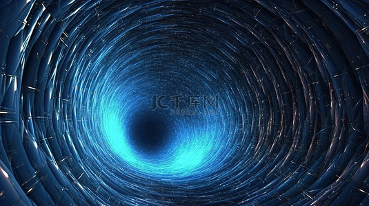 具有动态线框隧道和流动粒子的深蓝色虫洞的未来派 3D 渲染