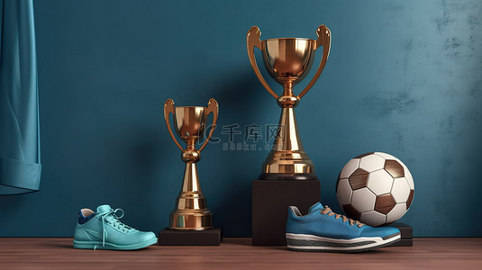 青铜足球奖杯与足球奖牌和鞋子在蓝色领奖台上 3D 与充足的复制空间