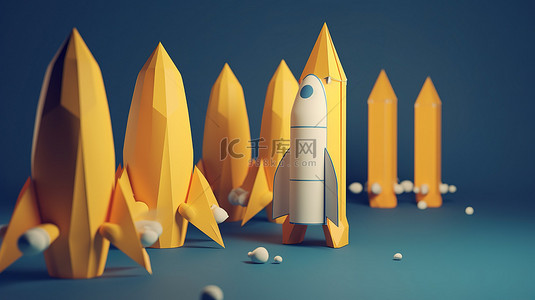 创新的 3D 纸火箭引领领导力概念，如渲染图像所示