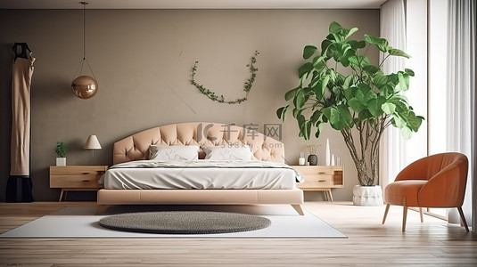 时尚绿色植物背景图片_豪华卧室配有宽敞的床毛绒沙发时尚的梳妆台和 3D 创建的郁郁葱葱的绿色植物