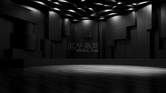 抽象黑暗舞台上重叠房间的 3D 渲染