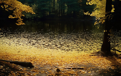 黄秋天背景图片_森林中间的一个湖，叶子黄了